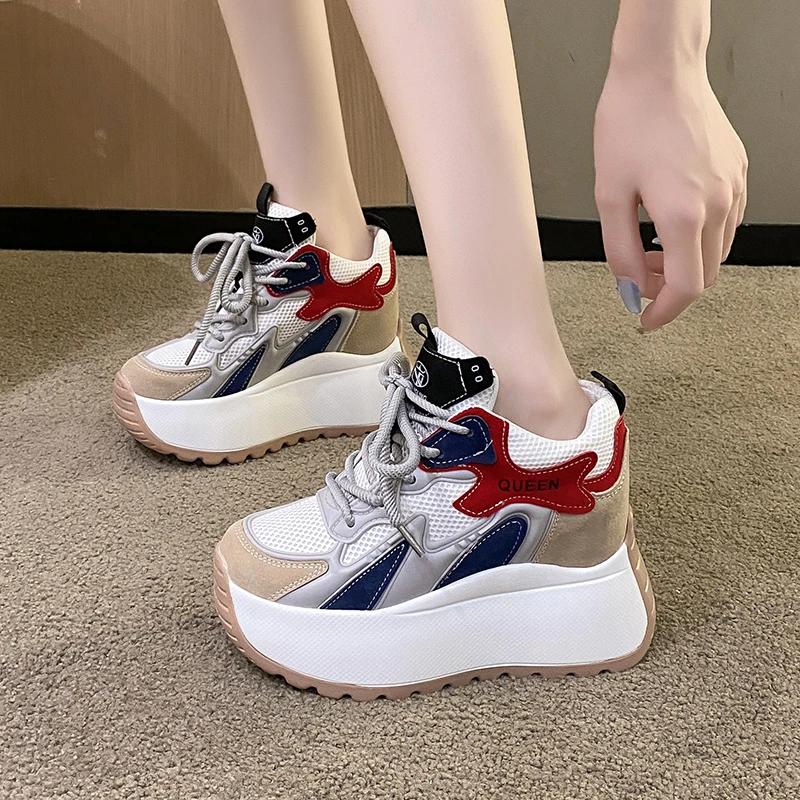 Fashion 10CM Women Casual Leather Sneaker Autumn Lace Up High Platform Shoes Thick Sole Sport Dad Shoes Woman Sneakers Chaussure Femme