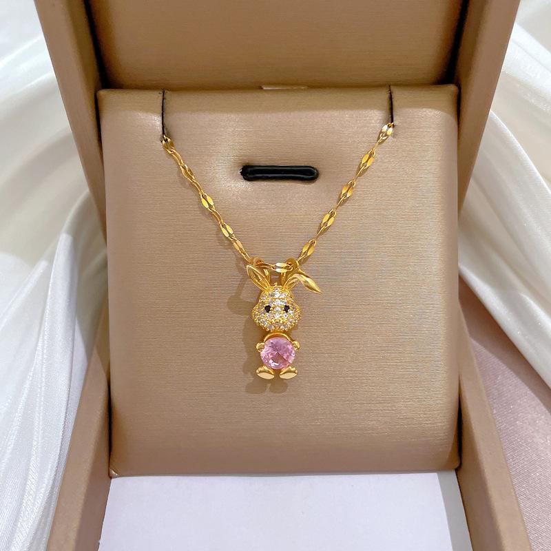Light Luxury Pink Rabbit Full Of Zirconium Inlaid Real Gold Necklace Women'S Transfer Collarbone Chain With Jewelry