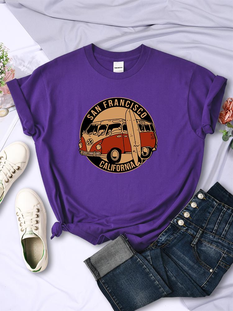 San Francisco California Vintage School Bus T-Shirts Women Street Hip Hop Short Sleeves Summer Breathable Tshirt Soft Casual Tee