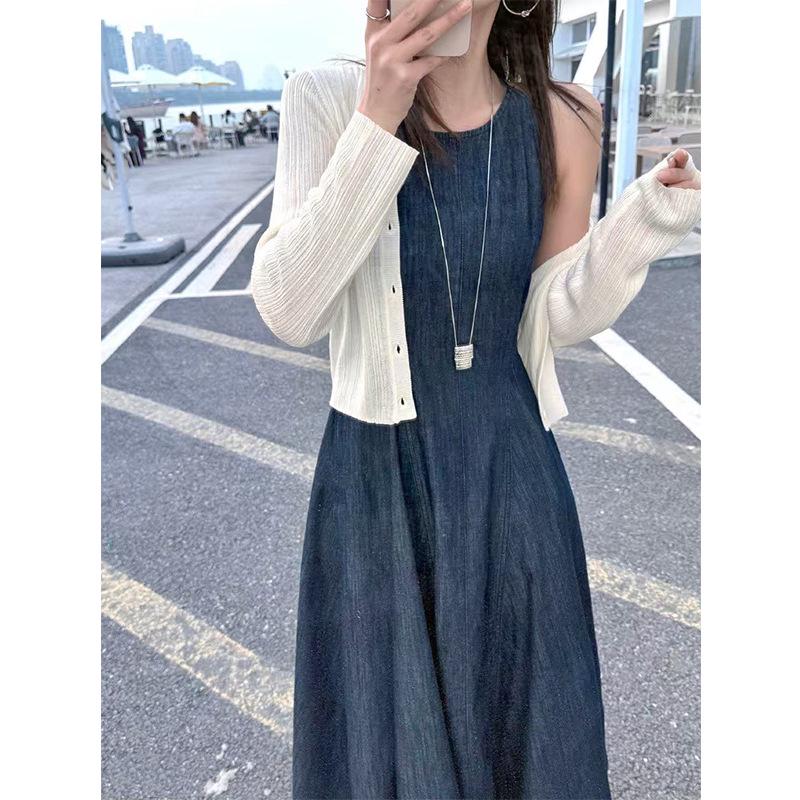 Washed Denim Waist-Defining Big Swing Long Sundress