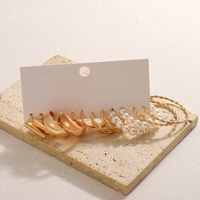 6 Pairs Women Hoop Earrings Simple Geometric C-shaped Twisted Faux Pearl Assorted Earrings Fashion Accessories Gift