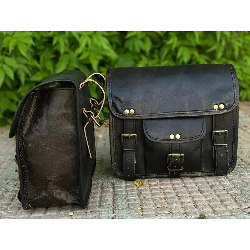 Saddle Bags Three Black Leather Motorcycle Side Pouch Panniers 3 Bags Combo Pack