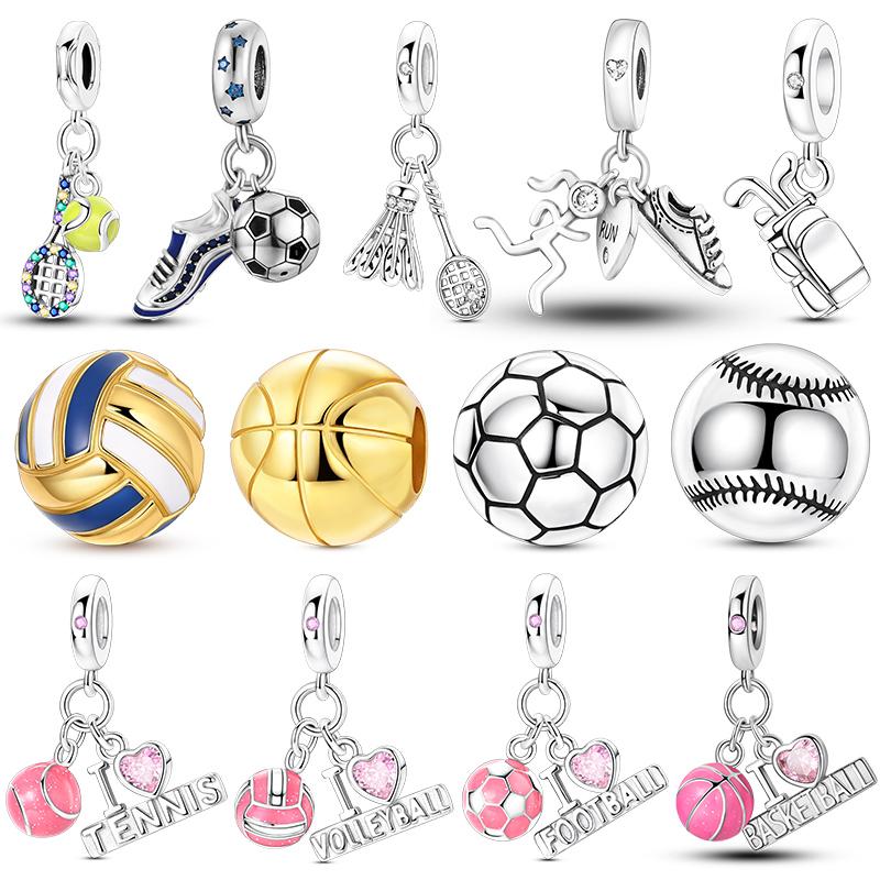 925 Silver Charms Beads Sport Basketball Football Tennis Volleyball Golden Pendant Fit Women Girl Fine Jewelry