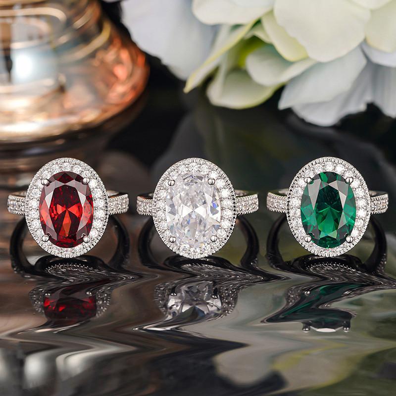 925 Sterling Silver Oval White Red Green Stone Cubic Zirconia Wedding Rings for Women Promise Engagement Jewelry Gifts