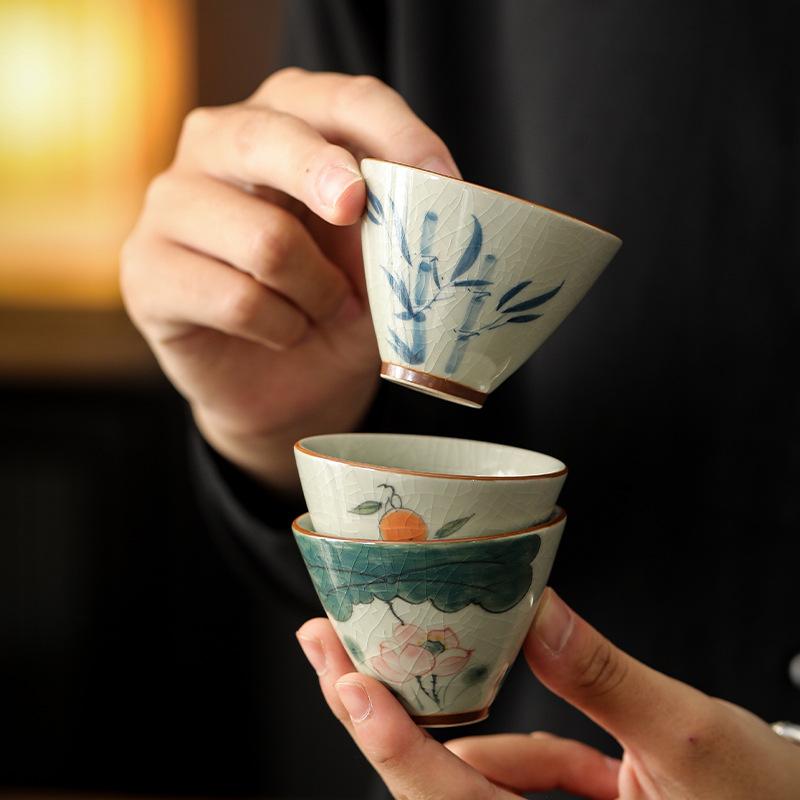 Hand-Painted Ge Kiln Underglaze Color Teacup, A Single High-End Chinese-Style Open Piece, A Ceramic Master Cup Gift