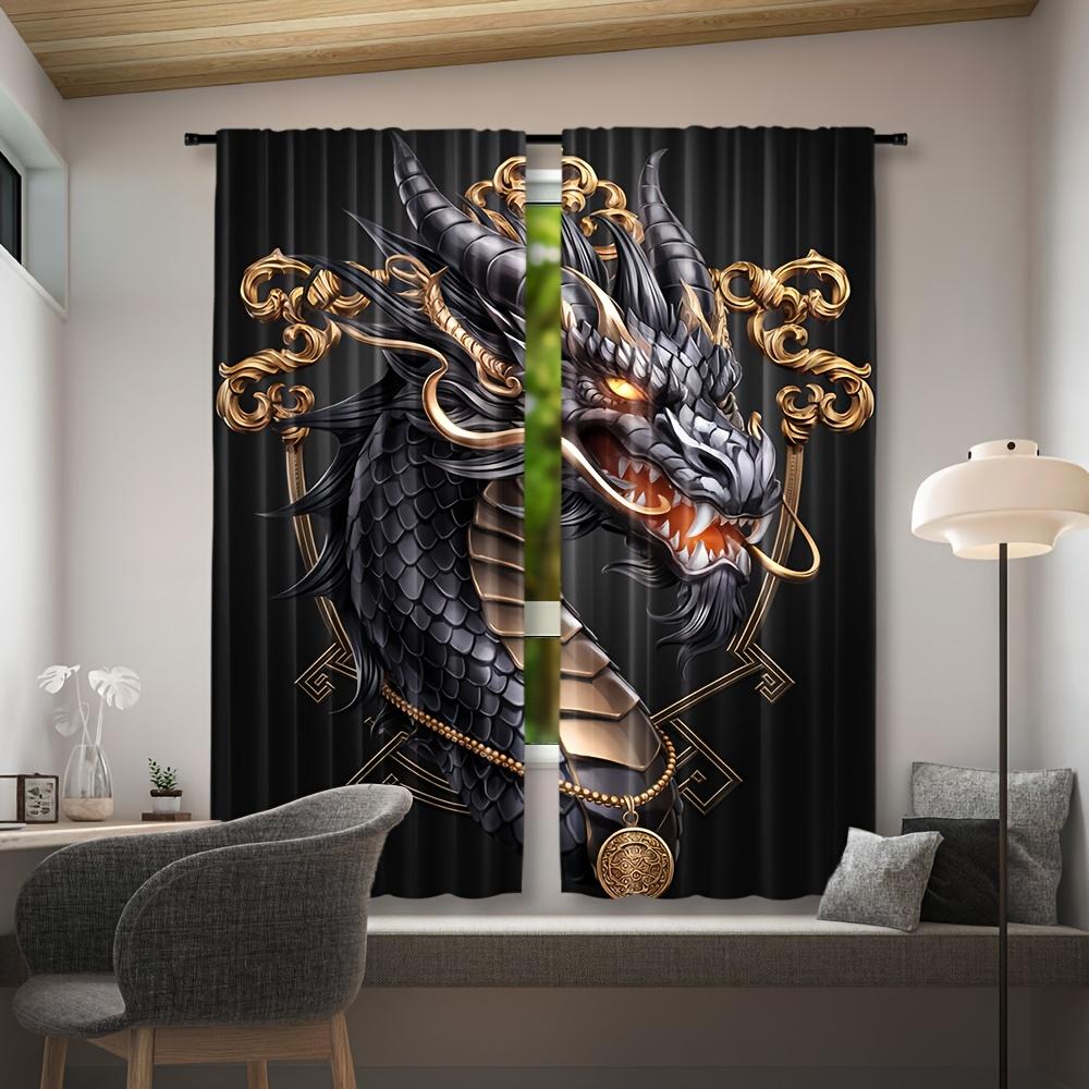 2pcs Bold Dragon Print Window Curtains - Black & Golden Dragon Window Drapes with Rod Pocket for Living Room   Bedroom   Kitchen -