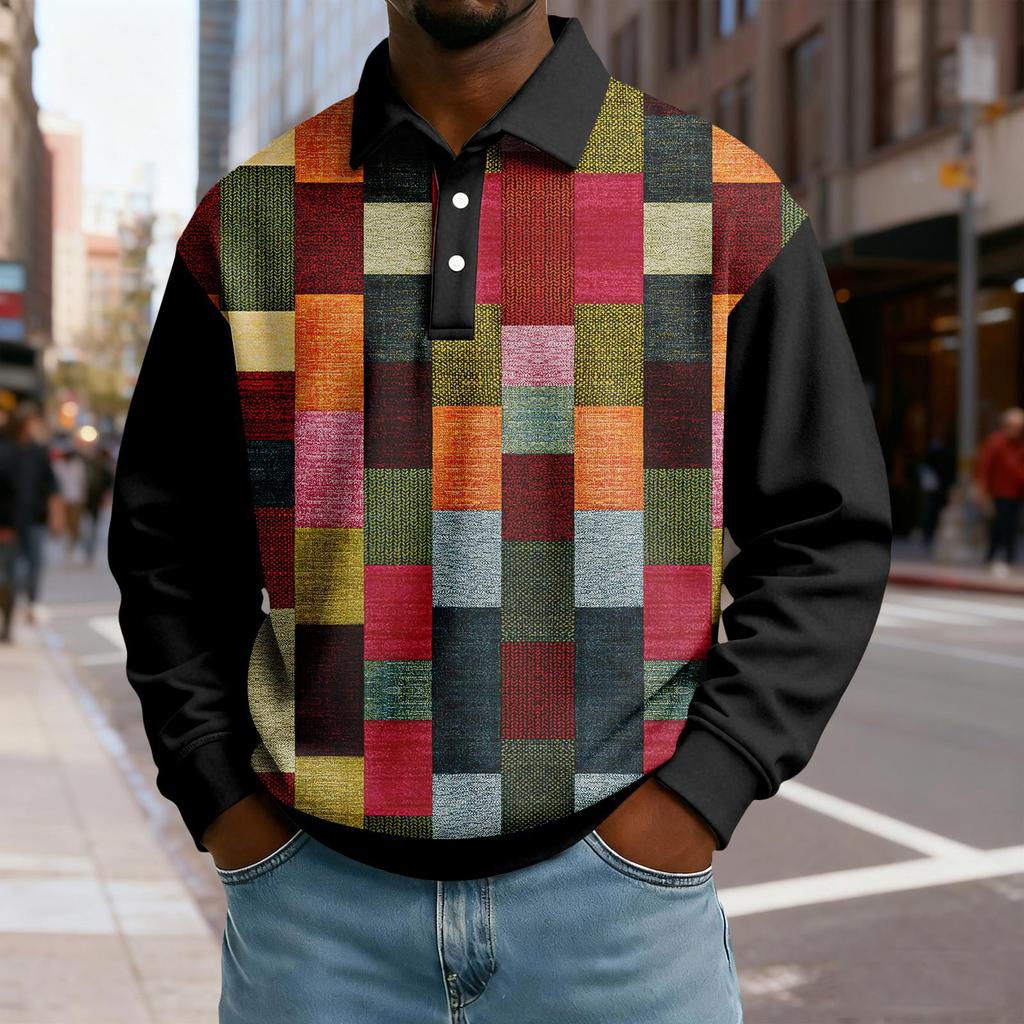 Men's Casual Loose Colorblock Print Lapel Button Long Sleeve Top