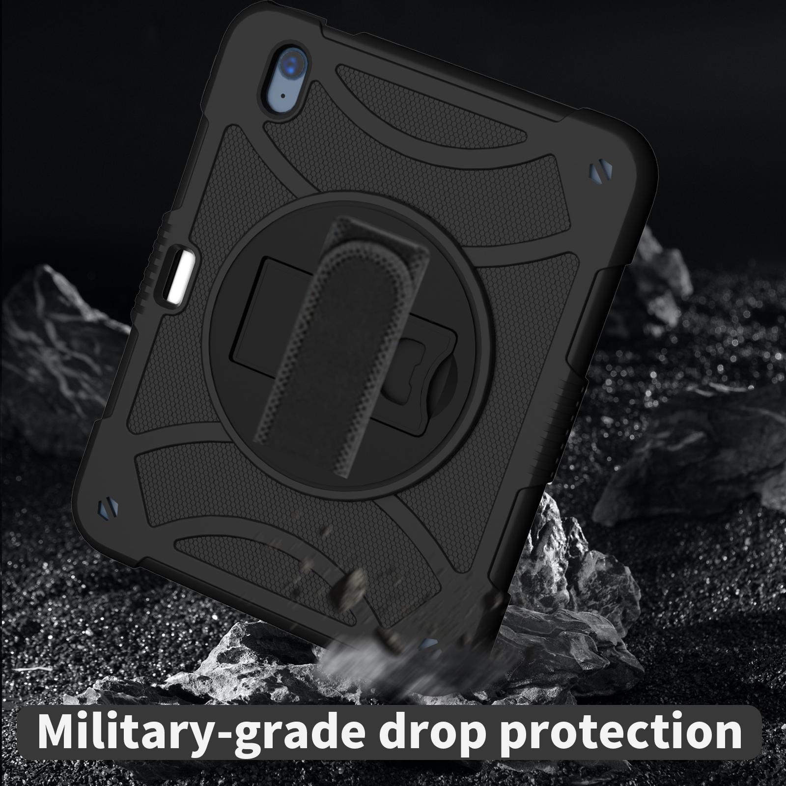

For iPad (2025)/10.9 (2022) Rotating Kickstand Tablet Case Silicone+PC Anti-Drop Cover with Pencil Holder/Shoulder Strap Rose