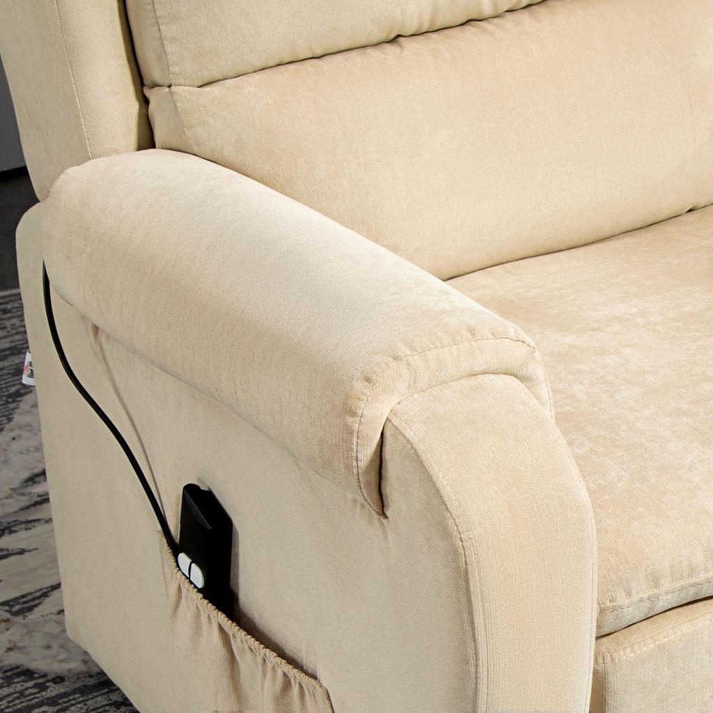 Riser Recliner Armchair Reclining To 160 Degrees with Footrest and Remote Control, In Velvet, 85x88x109 Cm, Cream