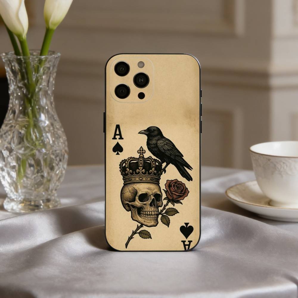 S-Skeleton Q-Queen of Hearts CARD Phone Case For iPhone 17,16,15,14,13,12,11 Plus,Pro Max,XS,Soft Silicone Black Cover