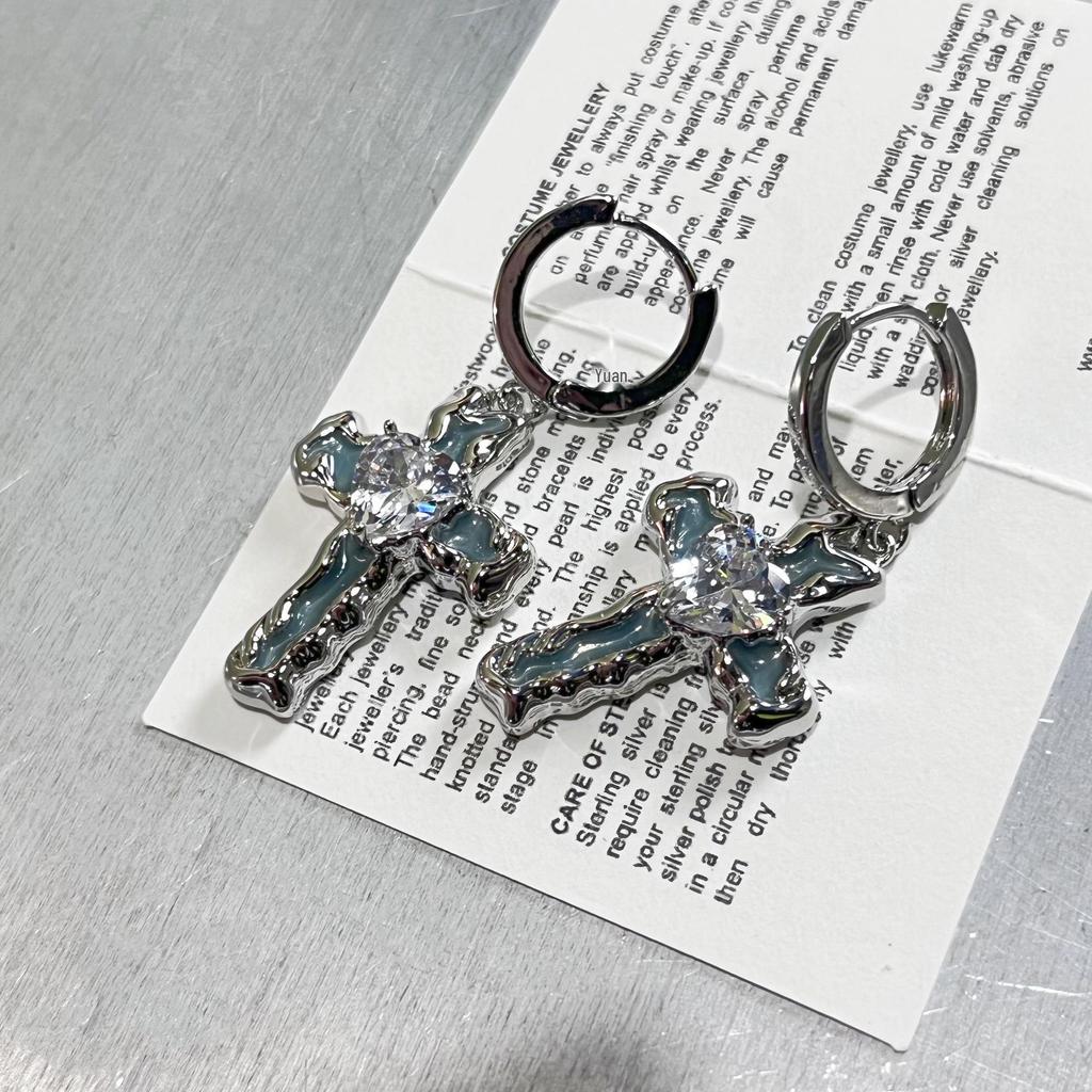 Niche Blue Drip Glaze Zircon Cross Ear Cuff - Women's Y2K Diamond-Studded Earrings