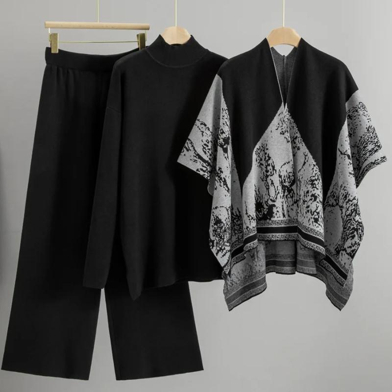 

Женские повседневные вязаные комплекты из 3 предметов, корейские топы-свитера с полувысоким воротником, шаль с принтом, комплекты, наряд с прямыми брюками с высокой талией, новинка One size чёрный