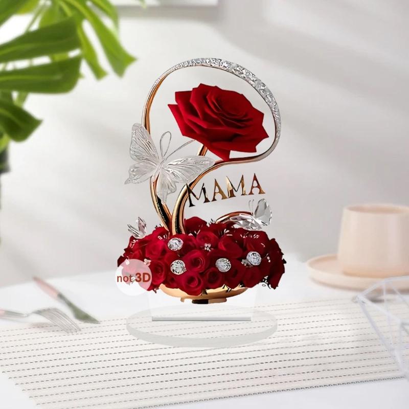 Red Rose 2D Acrylic Art Piece Ornament with Base for Christmas Mothers Day Gift Durable Desktop Shelf Decoration