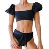 Women Swimsuit Split Beachwear Twopiece Puff Sleeve Bandeau Top Briefs Swimming Suit Beachwear Bikini Outfit Swimwear