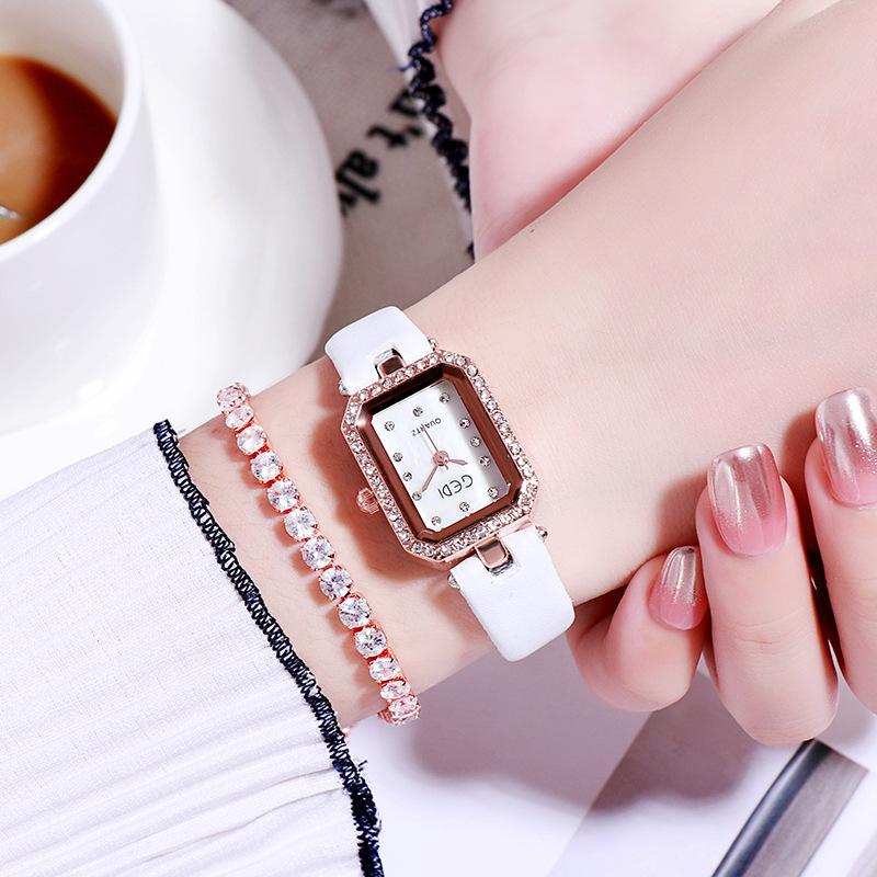 Small Green Watch Rhinestone Light Luxury Belt Student Watch Women's Square Simple Temperament Women's Quartz Watch