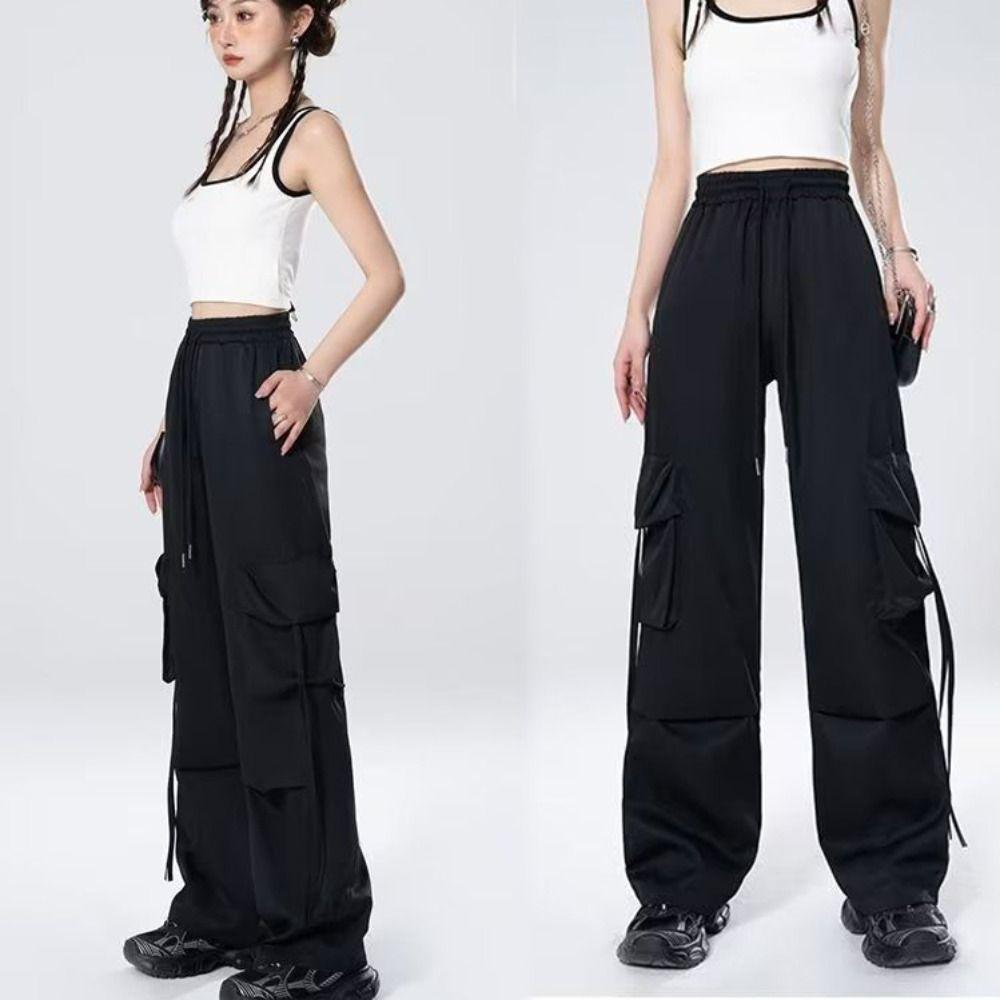 Drawstring Wide Leg Sweatpants Multi-pockets Women Joggers Trousers Baggy Cargo Pants  Sports