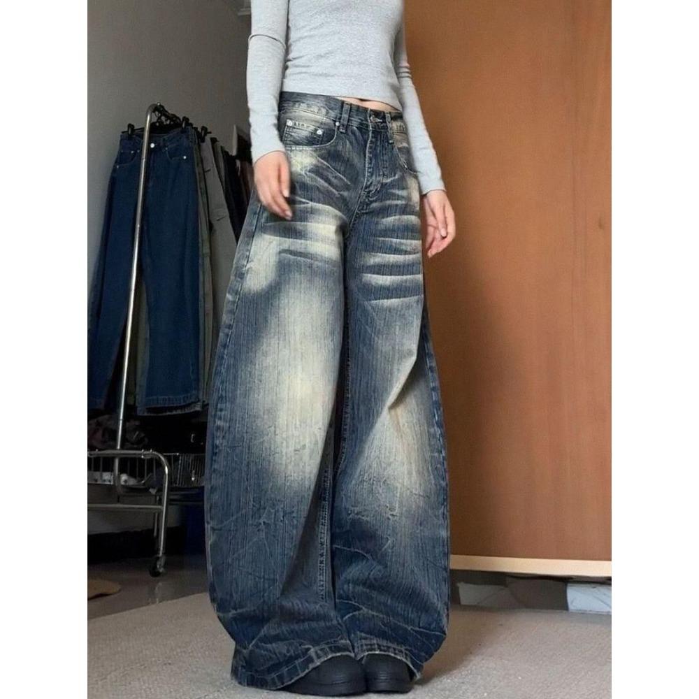 Women's High Rise Wide Leg Jeans Loose Fit Vintage Bamboo Textured Washed Blue Denim Trousers