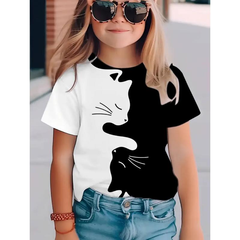 Flickkläder Kawaii Kattmönster Tryck Sommar Kortärmade Toppar Casual Mode T-shirt Utomhus Lättvikt Barnkläder