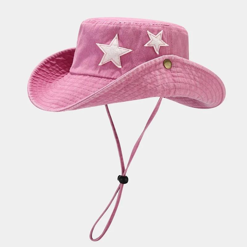 Pink Washed Denim Bucket Hats Women Girl Summer Shade Wide Brim Boonie Hat White Stars Patch Foldable Western Cowboy Camping Cap