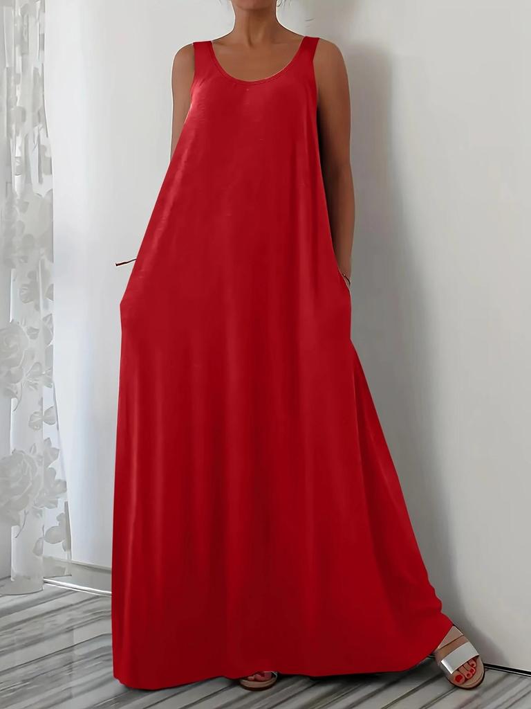 Plus Size Summer Solid Color Dress with Side Pockets (European and American Style)