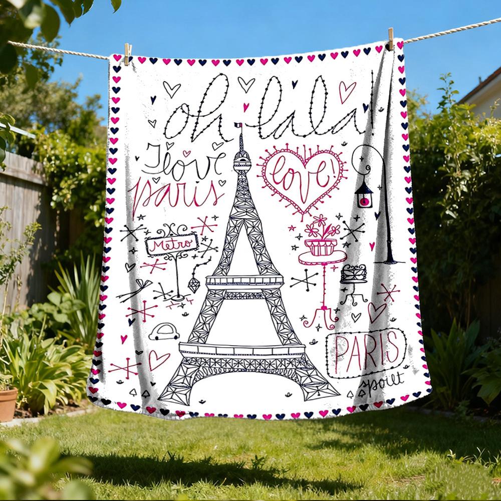 

1pc Eiffel Tower, Paris Love Print Outdoor Blanket, Lightweight Polyester, 80x120cm