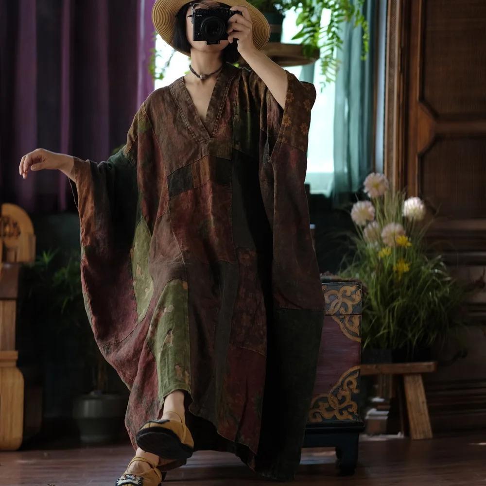 Johnature Dámské vintage šaty patchwork netopýří rukáv podzim V-výstřih volné čínský styl dámské šaty