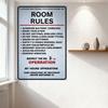 Retro Light Blue Black Red Text Room Rules Distorted Mirrored Metal Tin Sign for Bar Cafe Home Office Man Cave Decor (12x8 Inch)