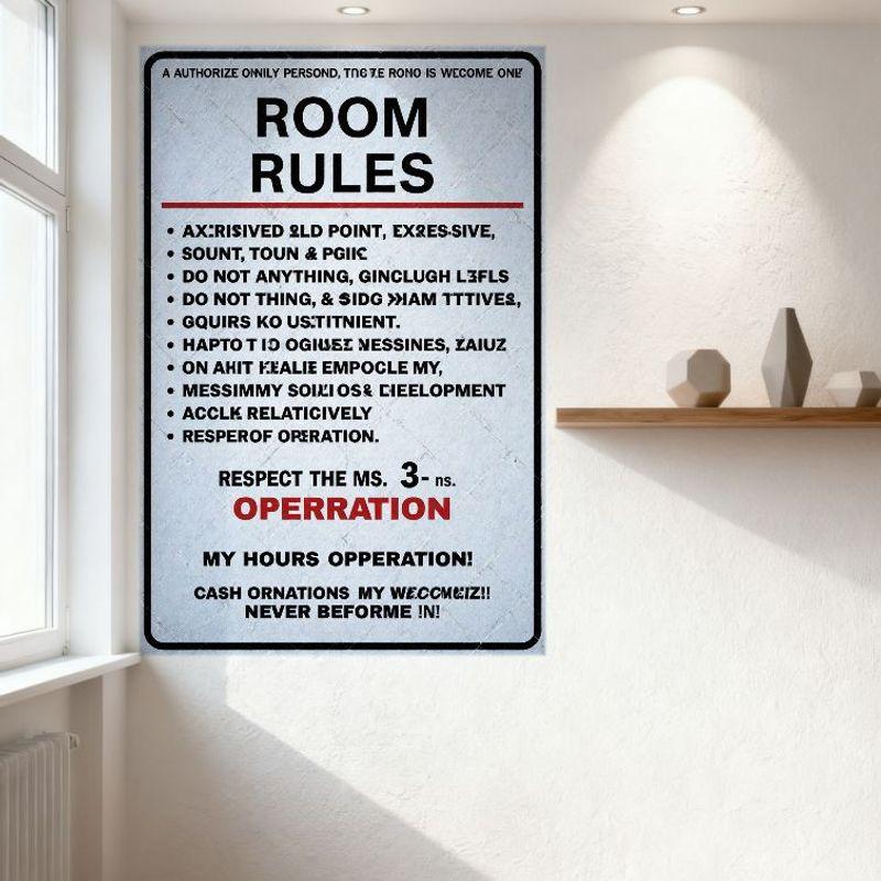 Retro Light Blue Black Red Text Room Rules Distorted Mirrored Metal Tin Sign for Bar Cafe Home Office Man Cave Decor (12x8 Inch)