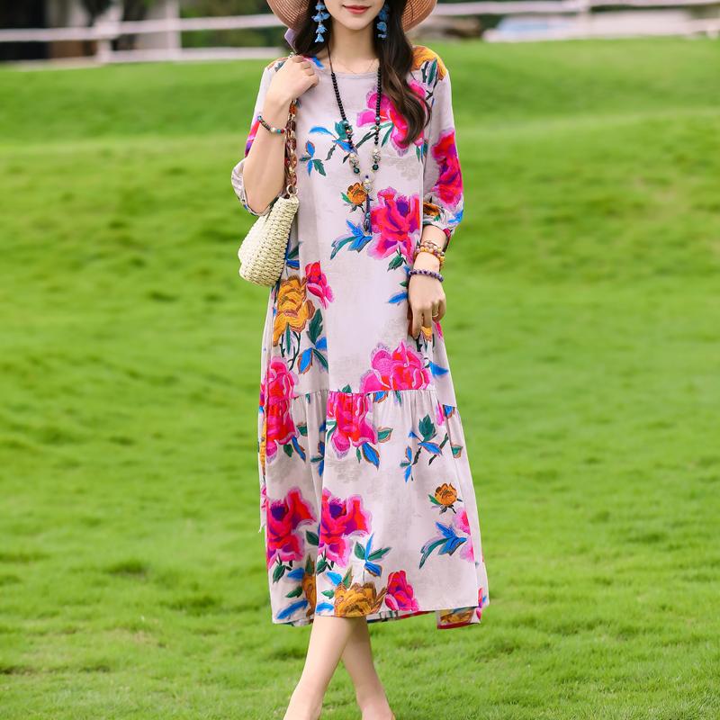 Women's Floral Print Maxi Dress, Tie Waist 3/4 Sleeve Casual Summer Dress (XL-5XL)