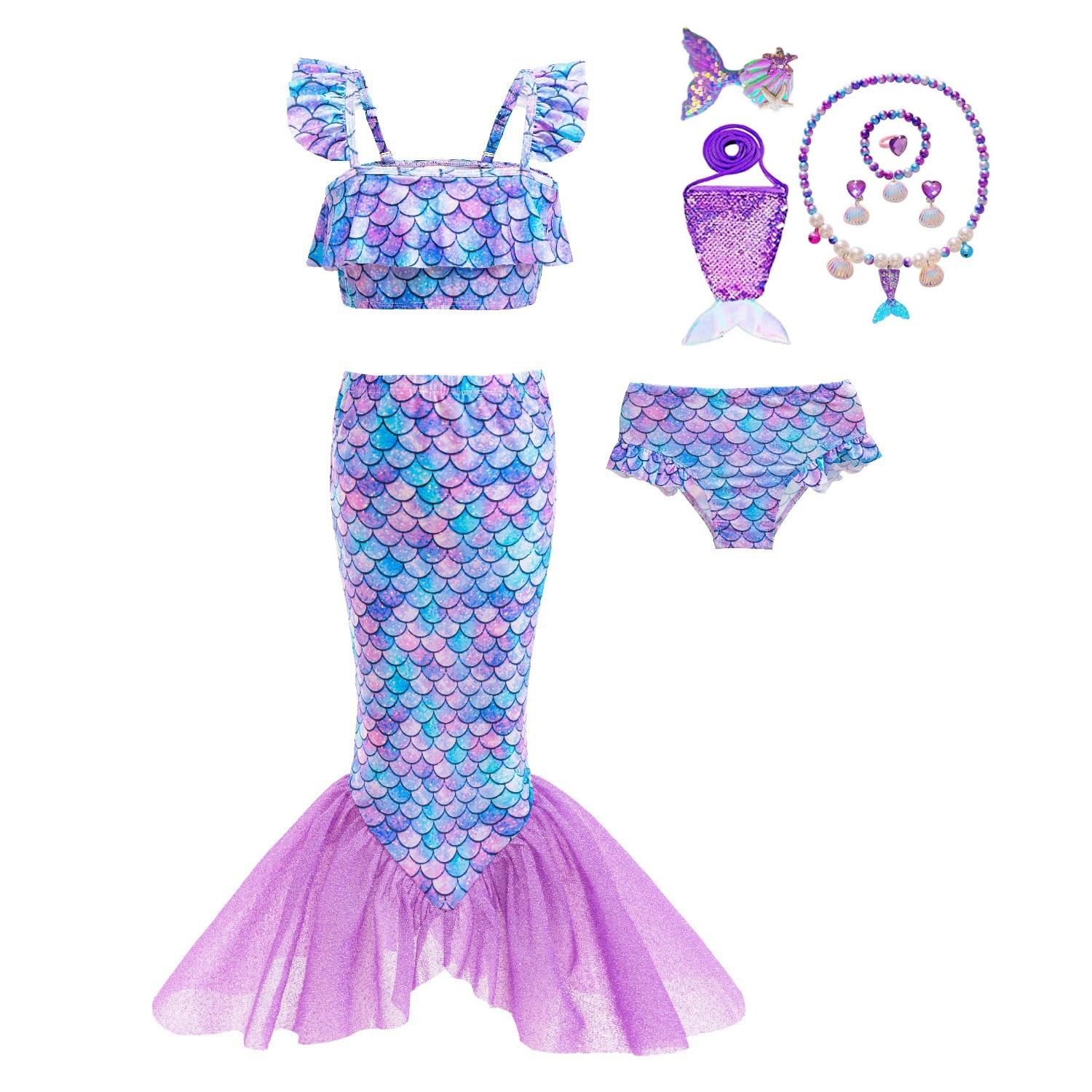 

Mermaid Princess Swimsuit Girls Summer Holiday Beach Sun Protection Quick-Drying Swimsuit Kids Fish Scale Print Fish Tail Skirt 100