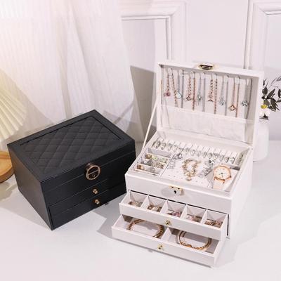 Three-Layer Anti-Oxidation Diamond Pattern Jewelry Box with Large Capacity for Necklace and Ring Storage