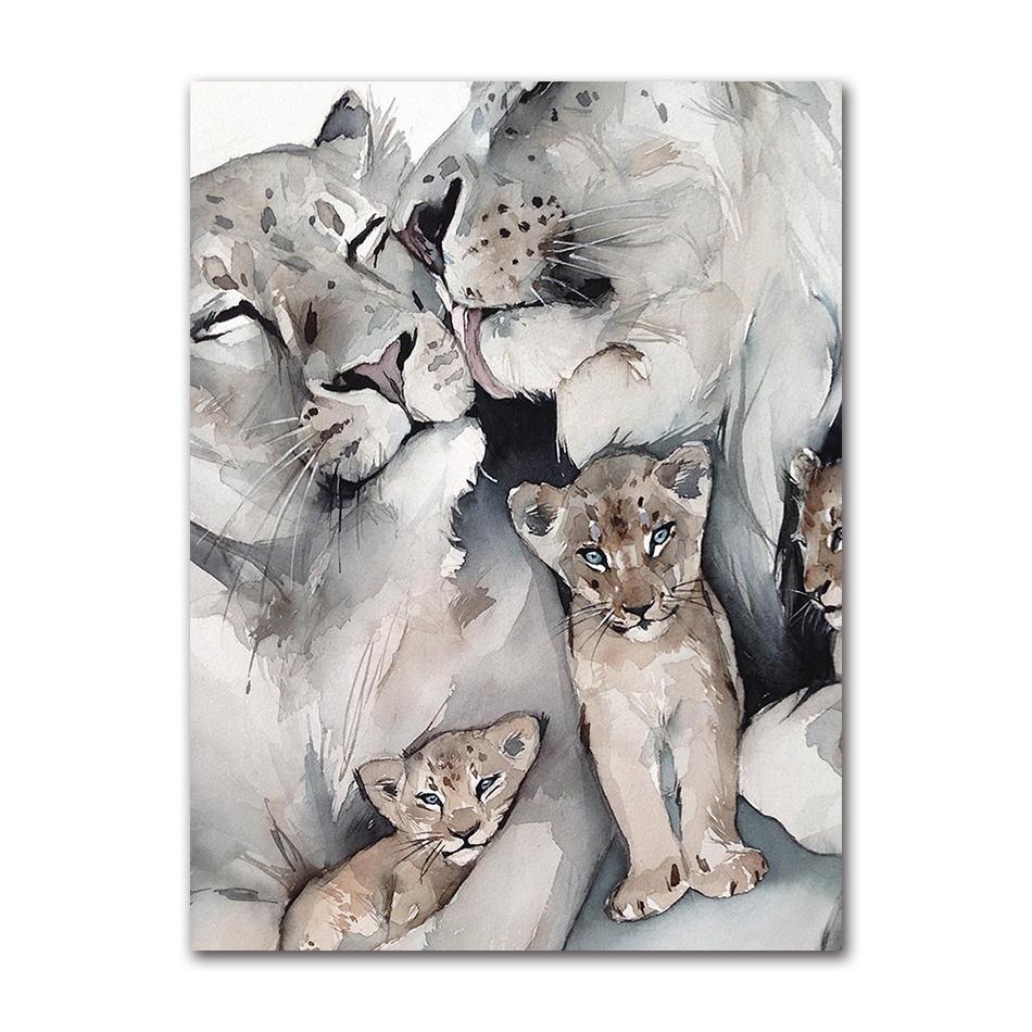 Modern Animal Wall Art Poster Loving Lion Family Canvas Painting Print for Living Room Picture Home Wall Decoration Cuadros