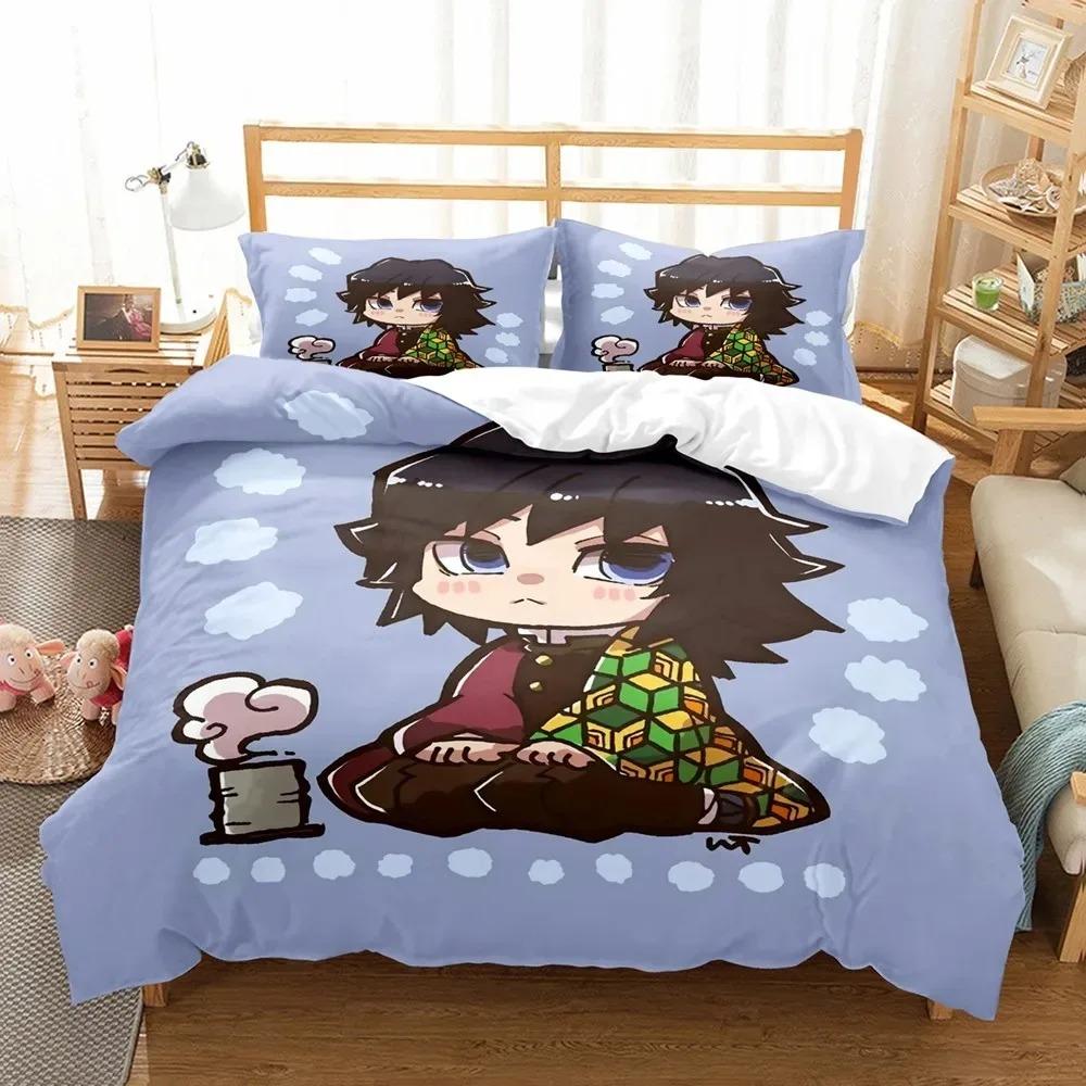3D Anime Demon Slayer Duvet Cover Sets with Pillow Cover Polyester Teens Boys Bedding Set Full Queen King Size Cartoon Bed Linen