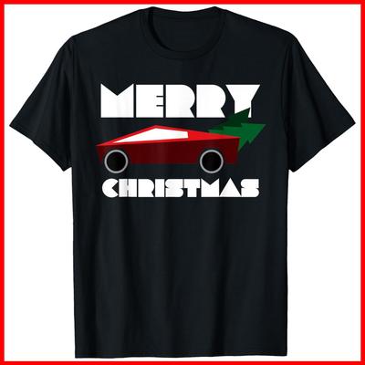 Futuristic Cyber Red Truck Pickup Christmas Tree Black Cotton T-Shirt S-5XL
