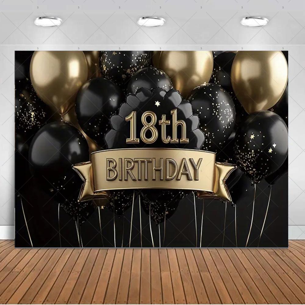 18th  Birthday Partys Decoration Backgound Black Gold Glitter Balloon Banner Women Men Boys Girls Bar Mitzvah Photography Props