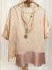 Women's Linen Blend Patchwork Mid-Sleeve Batwing Top with Irregular Hem