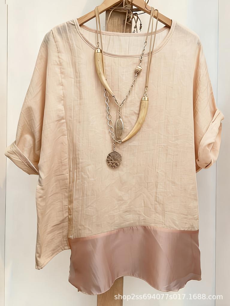 Women's Linen Blend Patchwork Mid-Sleeve Batwing Top with Irregular Hem