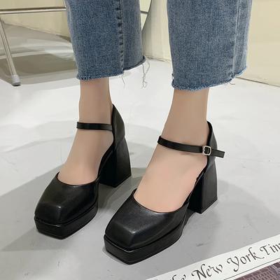 Big Square Toe Chunky Platform Super High Heels Schuhe Damen Herbst 2025 Einfarbig Schwarz Knöchelriemen Plateau-Pumps Frau Mary Janes