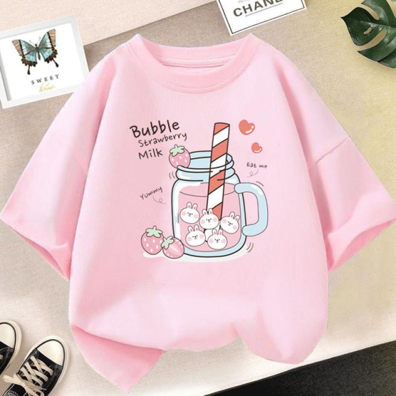 Camiseta de manga curta para meninas de 2 a 14 anos verão crianças camisetas soltas de algodão harajuku kawaii donut tops