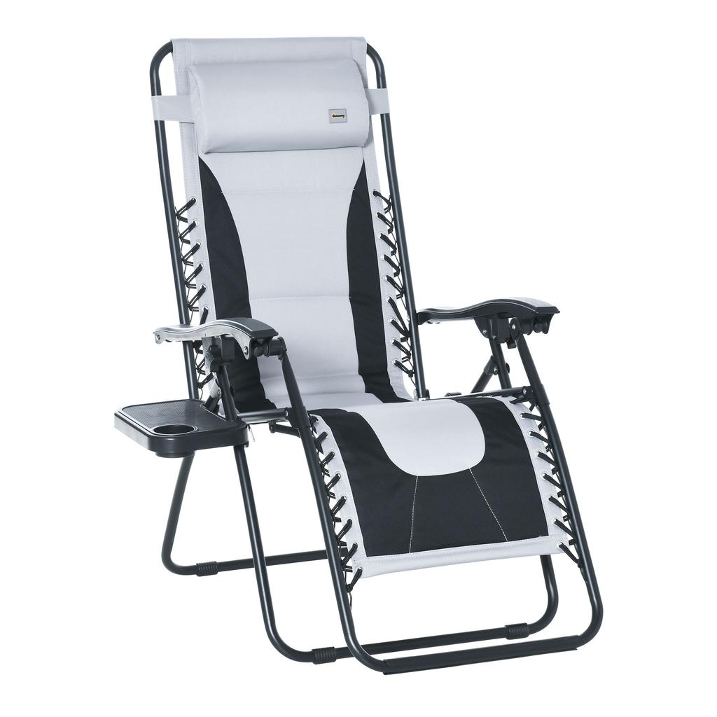 Zero Gravity Lounger Chair, Folding Reclining Patio Chair with Padded Seat, Cup Holder, Soft Cushion and Headrest for Poolside, Camping, Light Grey