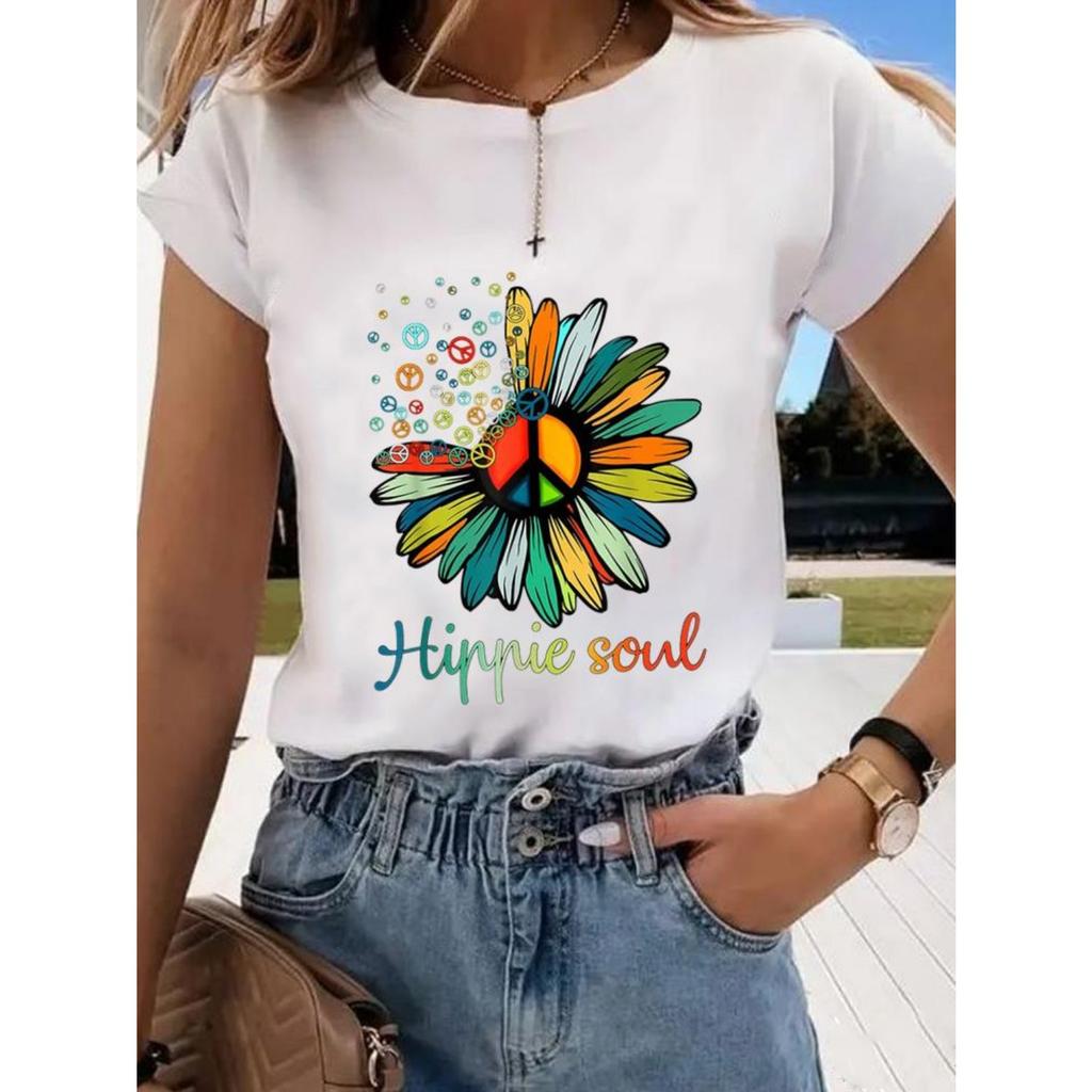 Floral sweet and cute fashion printing women's O-neck clothes T-shirt short-sleeved casual daily top