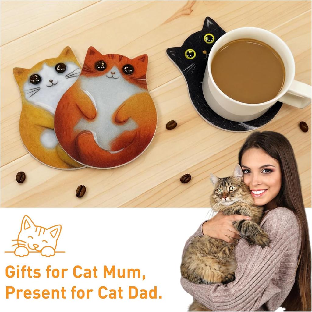 3-Pack Cat Coasters with Holder, Absorbent Felt Coasters with 3 Unique Cat Designs, Non-Slip Scratch Protection for Table, Washable Rustic Coaster