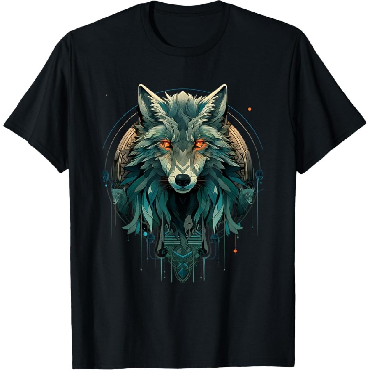 Stunning Nature Wolf Fiery Eyes Art Noveau T-Shirt S