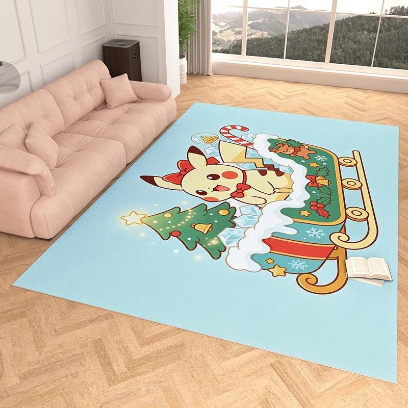 Cute Pikachu Christmas Sleigh 3D Print Imitation Cashmere Rug, Soft Water Absorbent Carpet For Bedroom Home Decor