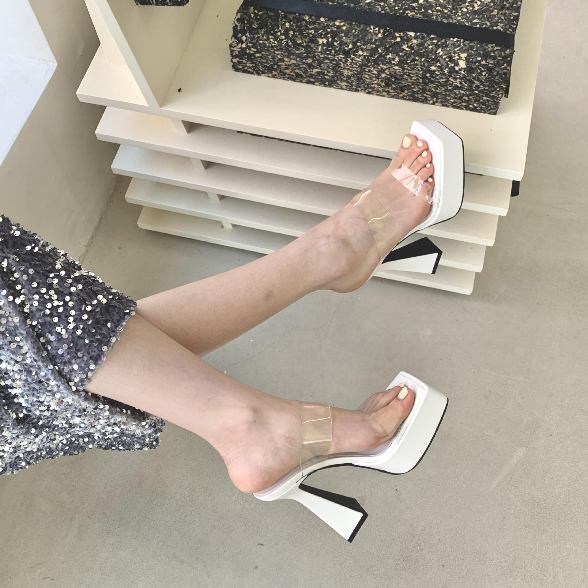 

Square head transparent word with thick sole outer wear slippers women s thick heel waterproof table small man height increase super high heels 39 розовый