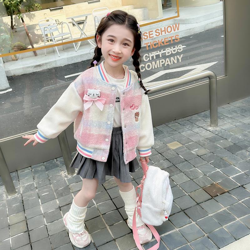 

Girls Woolen Baseball Jacket 2025: Autumn Fashionable Coat for Baby and Children. 90 cm