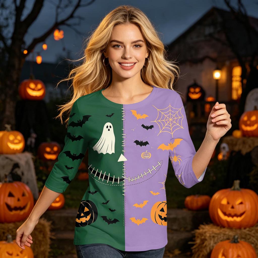 Women's Casual Halloween Print Three Quarter Sleeve Round Neck Top Comfortable Fit Lightweight Fabric Stylish Design