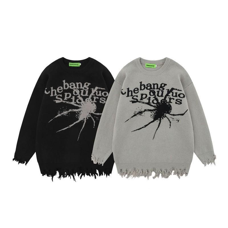 Unisex Streetwear Strickpullover mit Spinnen-Buchstaben-Jacquard Lockerer Schnitt Lässiger Pullover Herbst