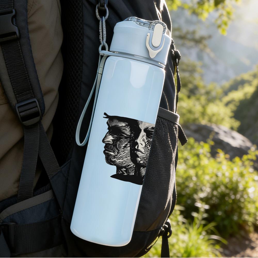 1PC Two Male Faces Minimalist Black White Print 750ml Portable Sports Water Bottle Leakproof Gym Outdoor Travel Drink Cup