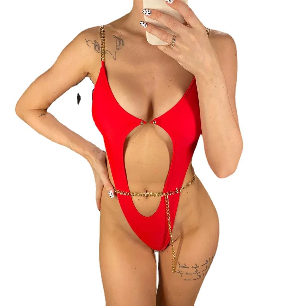 Sexy Metal Chains String High Cut One Piece Swimsuit Women Swimwear Female Monokini Tummy Cut Out Bathing Suit Swim Beach Wear